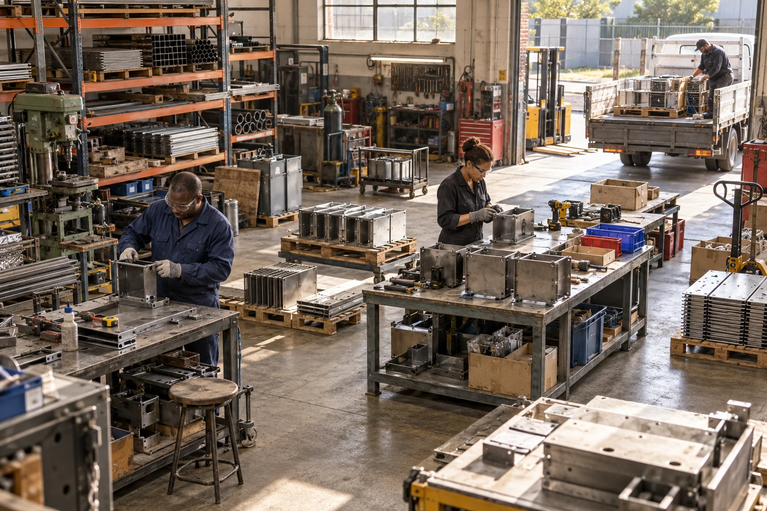 Illustrative workstations and materials on a manufacturing floor