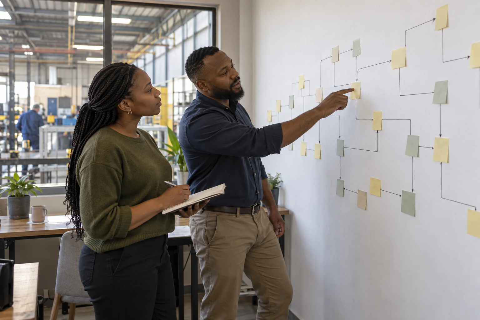 Illustrative colleagues mapping relationships and the flow of work on a wall