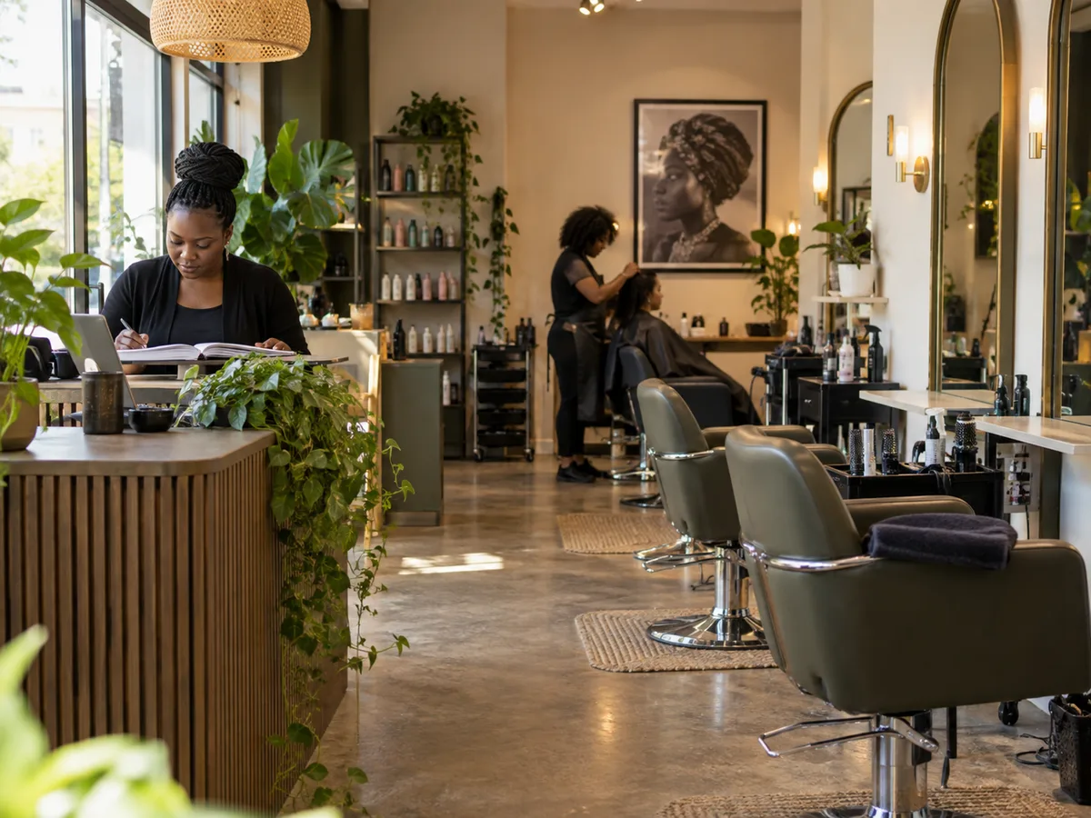 Illustrative salon with occupied and empty appointment stations