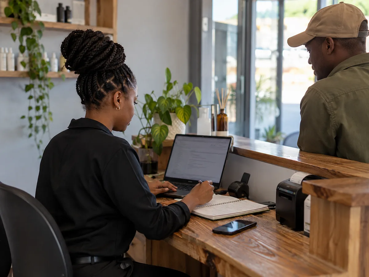Illustrative receptionist recording a customer appointment in a business system