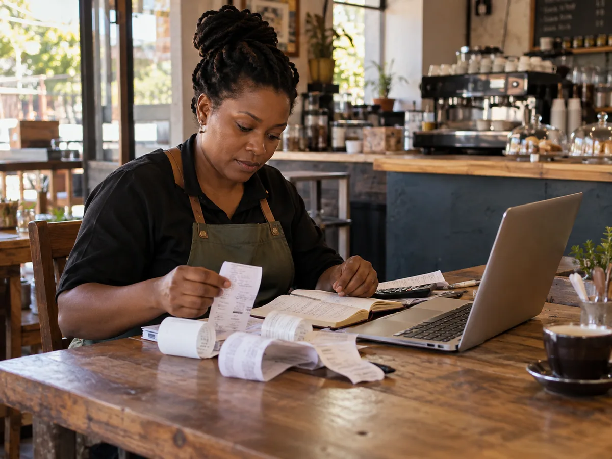 Illustrative cafe owner comparing receipts, a ledger and laptop records