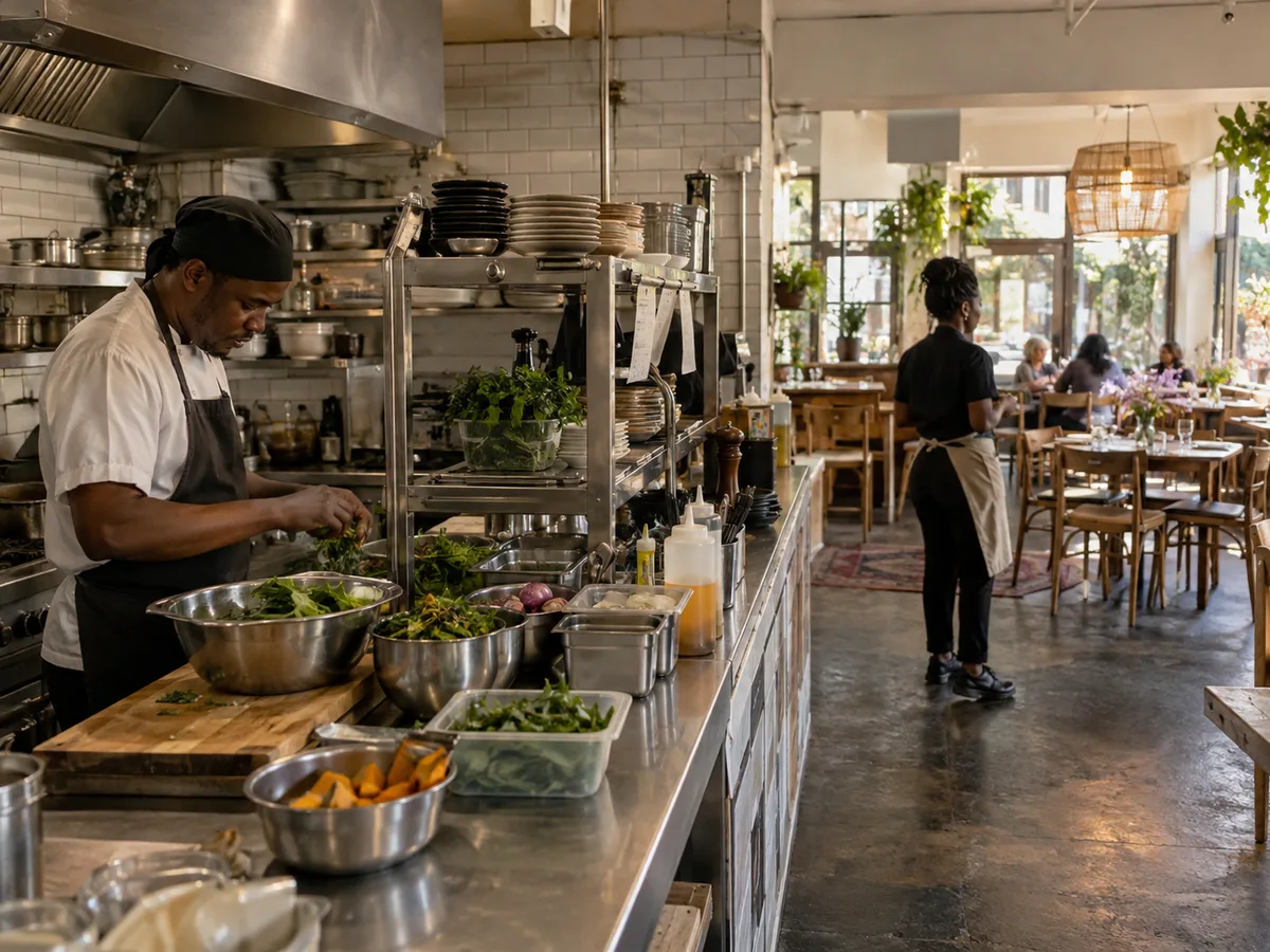Illustrative restaurant kitchen preparing ingredients ahead of lunch demand