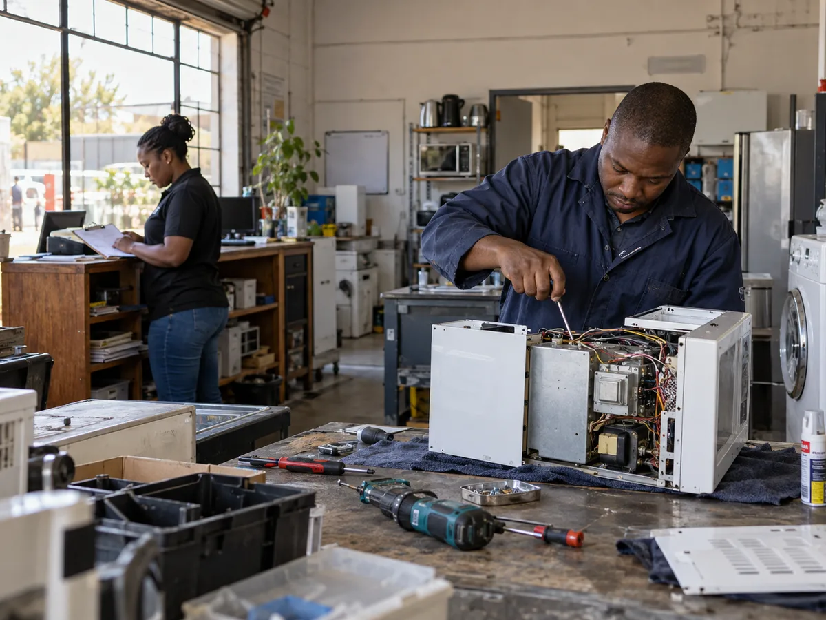 Illustrative repair workshop tracking a job while a technician completes the work